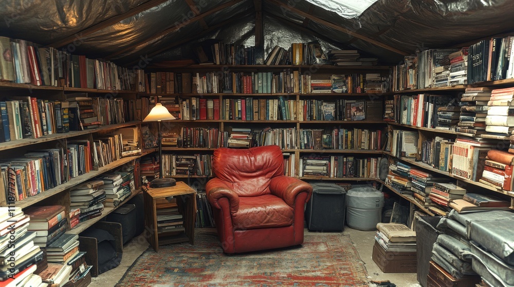 Poster a small library features floor-to-ceiling shelves packed with books. a cozy red chair sits next to a