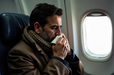 Sick Passenger on a Plane Using a Tissue During Flight