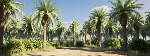 A photograph of a date palm farm in the Sahara desert, showing rows and rows of tall date palms with green leaves