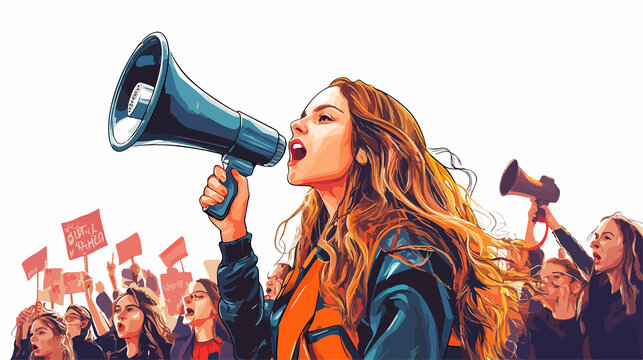 Empowered student girl protesting with slogans through loudspeaker