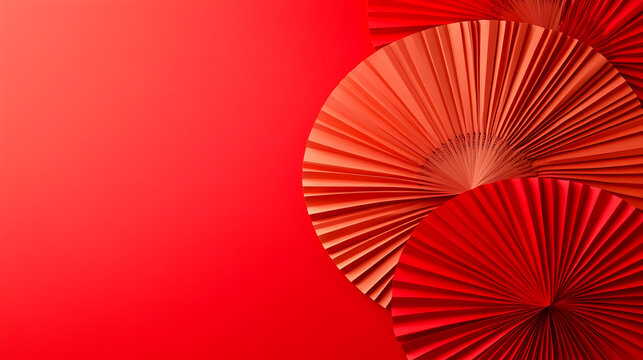 un fondo decorado con abanicos de papel elementos decorativos en clor ojo sobre un fondo liso rojo con espacio de copia para dise&ntilde;o de plantilla creativa estilo oriental