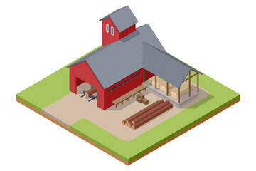 Isometric Sawmill. Lumberjack with saw machinery for wood working and transportation isometric icons set 3d isolated vector illustration