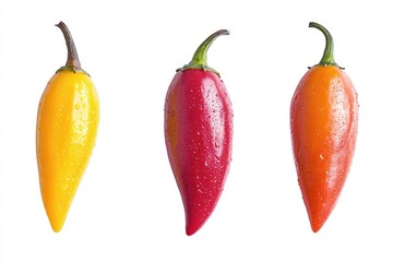Vibrant Trio of Mini Sweet Peppers in Red, Yellow, and Orange on Clean White Background