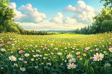 Fototapeta premium Stunning Wildflowers Blooming in a Lush Green Meadow on a Warm Summer Evening