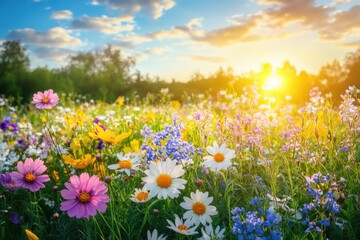 Obraz premium Stunning Wildflowers in a Lush Green Meadow during a Tranquil Summer Evening