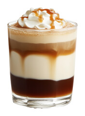 Layered iced caramel macchiato with whipped cream topping, delicious dessert beverage concept