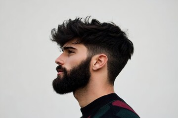 Man with stylish haircut and beard poses against a plain background in a fashion-forward look