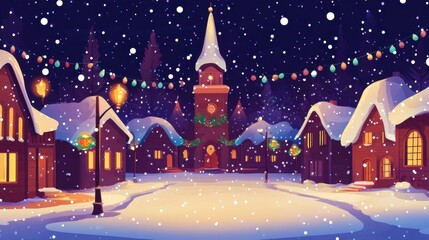 Fototapeta premium A snowy village scene with festive decorations and a tall clock tower.