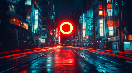 Fototapeta premium 真夜中の電気シーン：赤色ネオンの電力供給と視覚効果照明 generative ai
