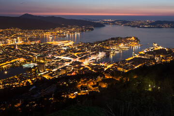 Panoramic view of Bergen (Norway) at night