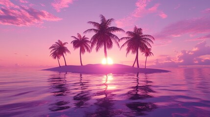 A serene sunset over a tropical island with palm trees reflecting in calm waters.