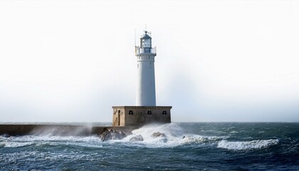 Lighthouse withstanding powerful waves during a storm.