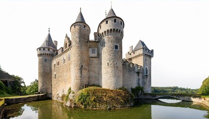 Majestic medieval castle reflected in a moat.