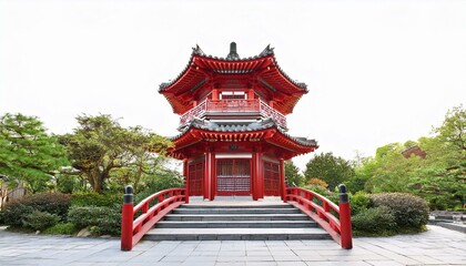 Fototapeta premium A vibrant red pagoda stands serene amidst lush greenery, a picturesque scene.