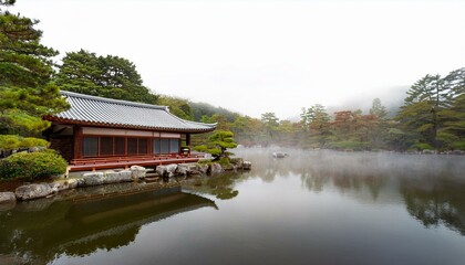 Serene misty morning at a traditional Japanese garden.  A red and grey building sits on a tranquil pond.