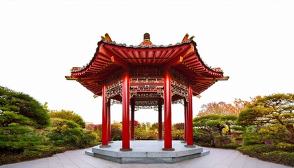Serene red Chinese gazebo in a lush garden.
