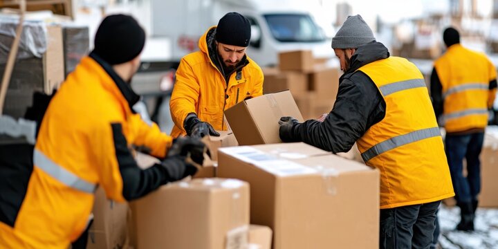 Volunteers in high-visibility jackets efficiently organize boxes for a charity drive in a bustling distribution center.