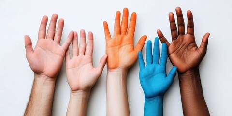 Fototapeta premium A lineup of diverse hands with vibrant colors reaching out, symbolizing unity, collaboration, and celebration of diversity in a creative and playful way.
