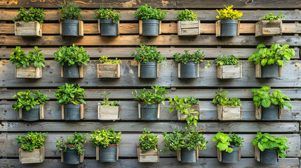 Fototapeta premium Handcrafted wooden shelves filled with small potted plants on a sunny balcony