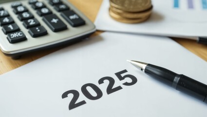 Close-up of a 2025 document with a pen, calculator, and stacked coins on a wooden desk. Represents financial planning, tax preparation, budgeting, or business analysis in a professional setting.