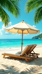  Relaxing tropical beach scene with two wooden lounge chairs under a white umbrella on soft sand. Surrounded by lush palm leaves, turquoise sea, and a clear blue sky on a sunny day.