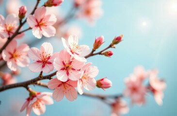 Obraz premium Vibrant close-up of pink cherry blossoms in full bloom against a sunny blue sky. Captured during spring, this delicate branch symbolizes beauty, nature, and the joy of renewal.