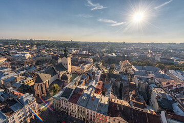 Obraz premium Lviv Downtown City Center, Aerial Cityscape. Golden Hour, Sunset Time. Ukraine