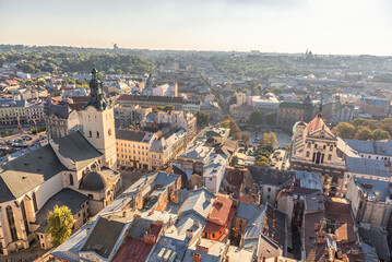 Fototapeta premium Lviv Downtown City Center, Aerial Cityscape. Golden Hour, Sunset Time. Ukraine
