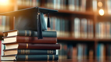 A stack of textbooks with a classic black graduation cap resting on top, the library background softly blurred, creating a sense of scholarly focus