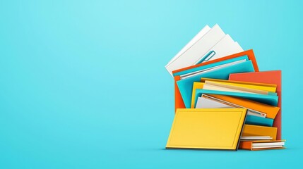 Business Financial Tax Submit Audit Preparation Colorful folders and papers stacked on a blue background.