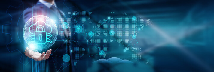 Businessman hand holding global network connection on cloud security, data protection, encrypted...