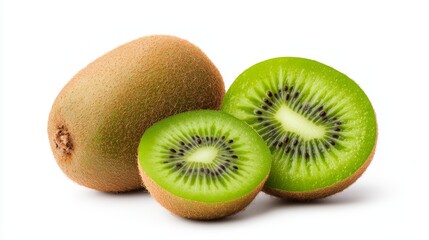 Whole kiwi fruit with a sliced piece beside it, showcasing the fuzzy brown skin and bright green interior with seeds, isolated on a white background