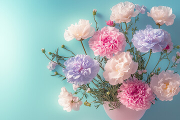 Pastel Flowers on Blue Background with Copy Space