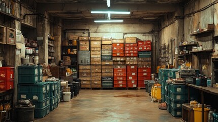 Obraz premium Shelves lined with stacks of colorful boxes fill a spacious storage area. Various containers and items are organized on the floor under fluorescent lighting in an industrial space.