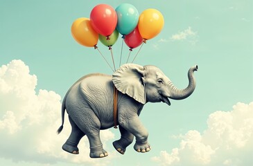 A whimsical illustration of an elephant floating in the sky with colorful balloons tied to its back. The light blue sky and fluffy clouds enhance the playful and imaginative nature of the scene.