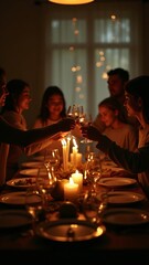 Sleek silhouettes of a family gathered around a festive dining table, clinking glasses. A warm glow illuminates traditional dishes, candles, and joyful decorations in a cozy home setting