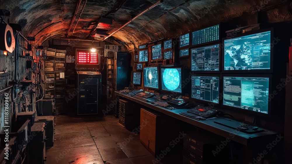 Aufkleber The command center is equipped with several large screens showing complex data and graphics. The dark, underground space features dim lighting, highlighting the technology present.