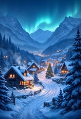 Fototapeta premium Snowy winter in a cosy mountain village on Christmas night.