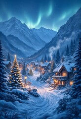 Snowy winter in a cosy mountain village on Christmas night.