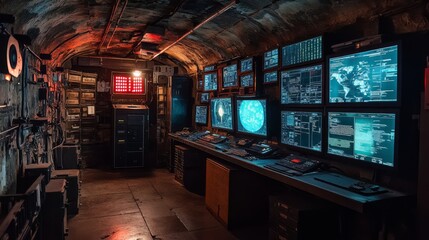 The command center is equipped with several large screens showing complex data and graphics. The dark, underground space features dim lighting, highlighting the technology present.