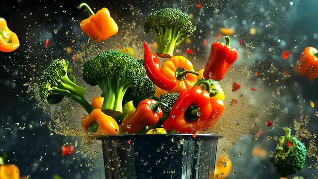 A vibrant burst of fresh vegetables leaps from a pot, featuring broccoli, peppers, and water droplets against a dark backdrop. Perfectly captures the energy of healthy cooking.