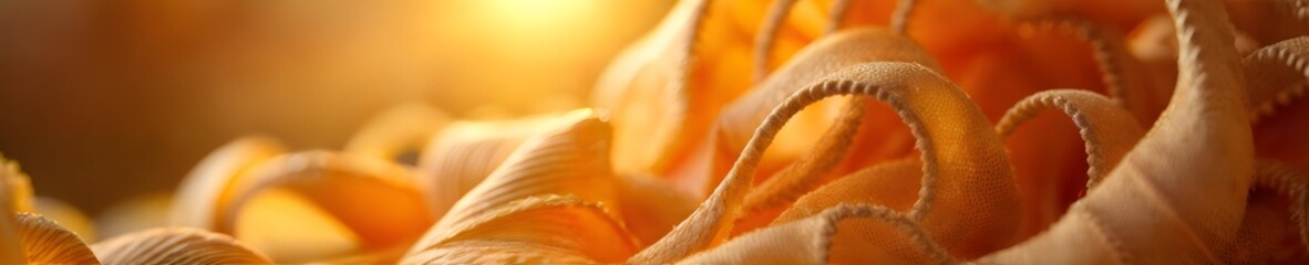 Intricate textures of curled wood shavings are highlighted by warm light, creating a serene atmosphere with a focus on natural forms and patterns.