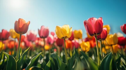 Obraz premium Vibrant tulips in a field under a bright sky.