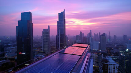 Naklejka premium Sunset over urban skyline with solar panels on rooftop