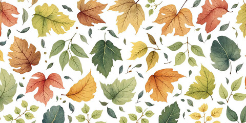 Watercolor illustration of autumn leaves seamless pattern on white background