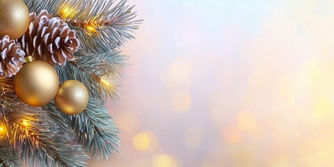 Festive Christmas Pine Branch with Gold Baubles and Pinecones Holiday Background for Seasonal Greeting Cards and Posters Warm Tones and Soft Bokeh Effect Enhance Elegant Atmosphere