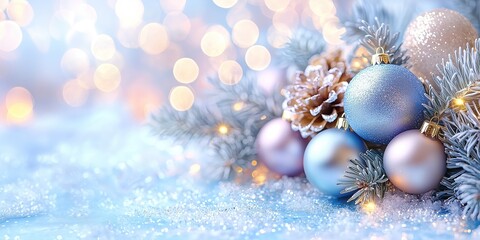 Festive Christmas Ornaments and Pinecones Arrangement on Snowy Surface with Soft Golden Lights Bokeh in Background for Holiday Decoration or Greeting Card Design in Pastel Blue and Silver Tones