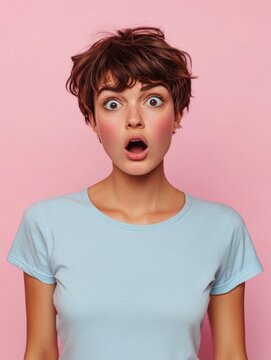 Shocked embarrassed woman with short hairstyle stares bugged eyes feels anxious drressed in casual t shirt isolated over pink background looks in disbelief hears something impressive. Human reactions