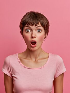 Shocked embarrassed woman with short hairstyle stares bugged eyes feels anxious drressed in casual t shirt isolated over pink background looks in disbelief hears something impressive. Human reactions