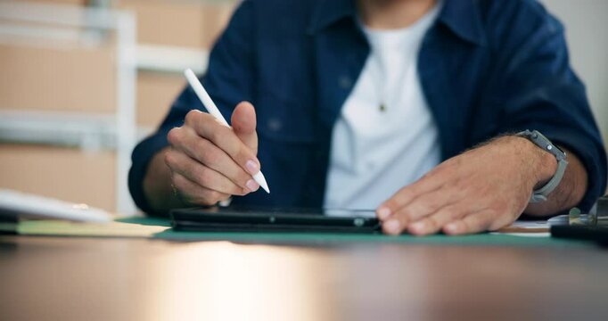 Supply chain, distribution and man on tablet in warehouse for delivery, logistics and inventory. Manufacturing, stylus and person on digital tech for planning, ecommerce shipping and stock checklist